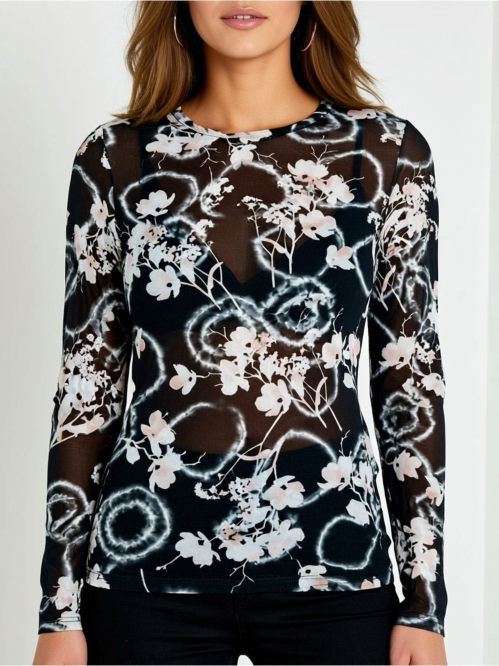 Suzy Shier Floral Long Sleeve Mesh Sheer Top Y2K Tie Dye Black Sz Small Stretch